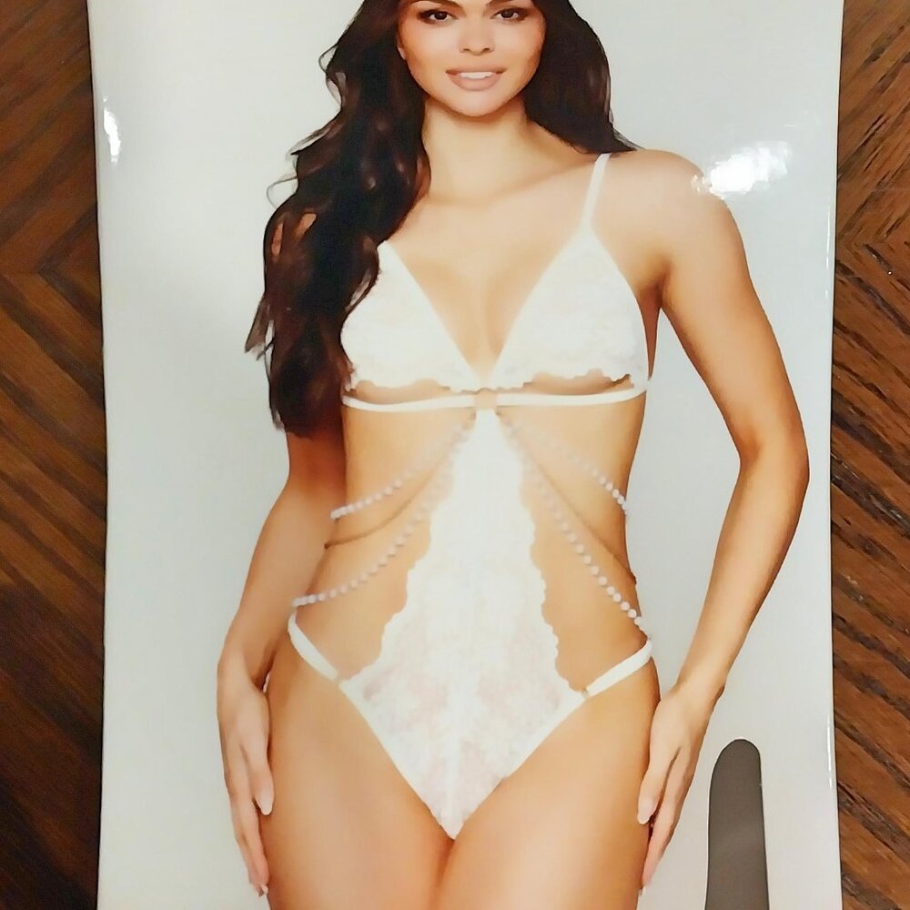 Dreamgirl Stretch Lace Teddy with Draping Pearls White One Size